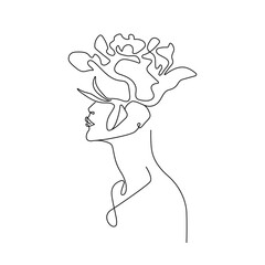 Woman Head with Flowers One Line Drawing. Continuous Line Woman and Flowers. Abstract Contemporary Design Template for Covers, t-Shirt Print, Postcard, Banner etc. Vector EPS 10. 