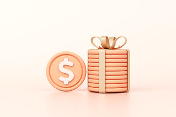 stacked gold coins tied with bow and ribbon in gift box idea. gift voucher, business profit, bonus special and promotion cash back or bank bank interest money. object clipping path. 3D Illustration.
