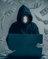 The hacker is wearing a black hoodie. They are stealing large amounts of financial information on...