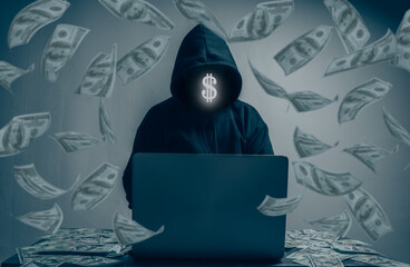 The hacker is wearing a black hoodie. They are stealing large amounts of financial information on...
