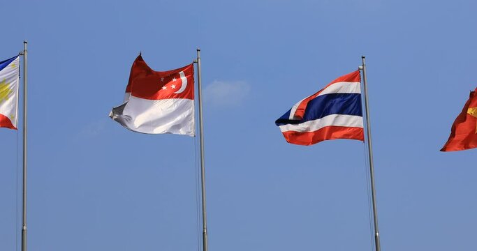 National Flags of ASEAN countries behind the sky in Ho Chi Minh panning