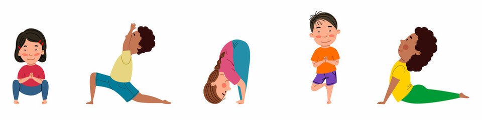 A set of pretty girls and boys of different nationalities are engaged in yoga. Yoga for children. Vector illustration in a flat style