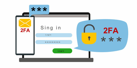 The concept of two-factor authentication security. Notification of login confirmation with a message in an envelope with a code. Lock icons in the laptop account. Vector illustration