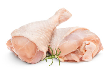 Raw chicken legs with branch rosemary on white background.
