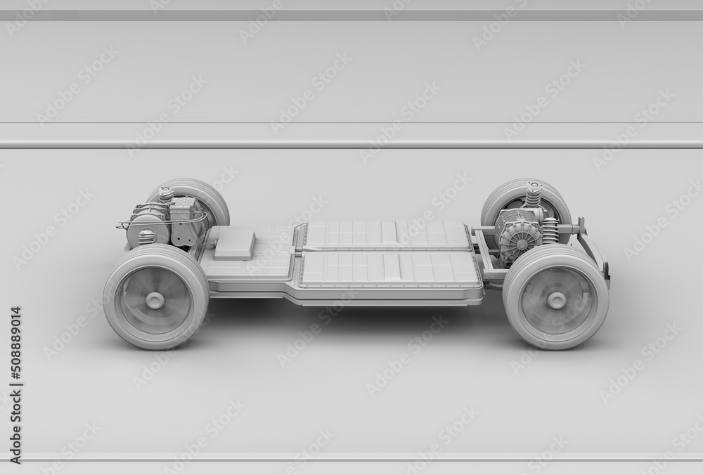 Poster clay rendering of electric vehicle chassis equipped with battery pack driving on the road. 3d render