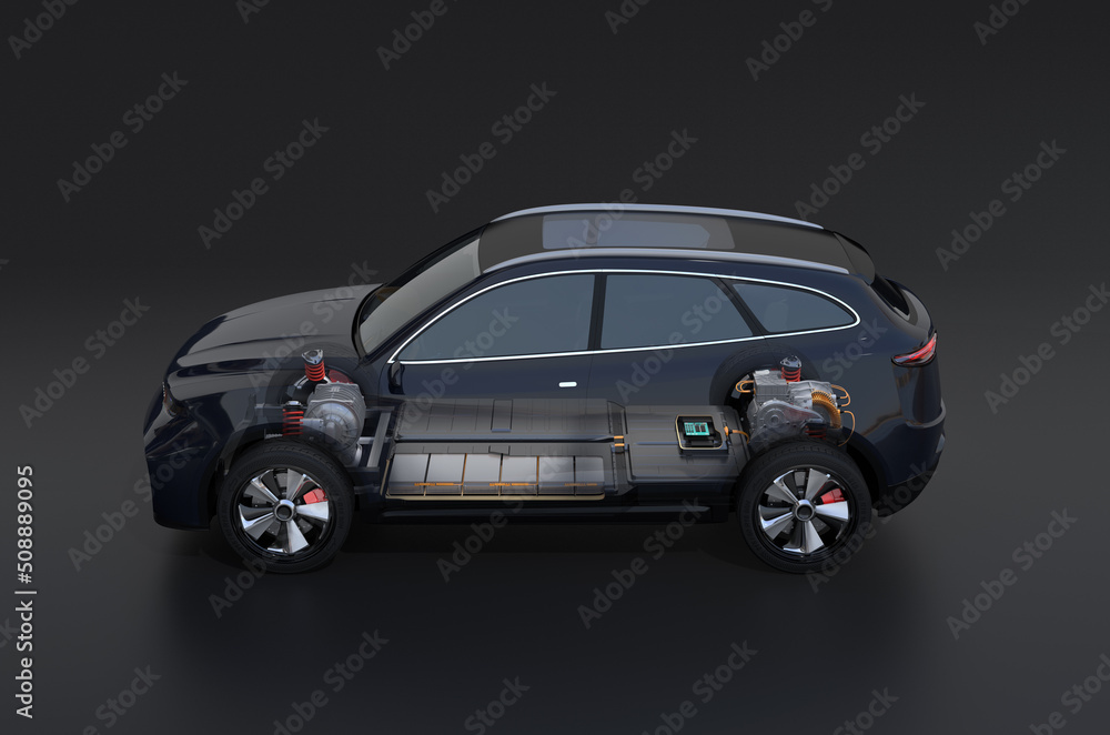 Poster electric suv(generic design) with battery packs composited in transparent mode. 3d rendering image.