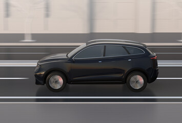 Fototapeta na wymiar Side view of black electric SUV driving on the street. 3D rendering image.