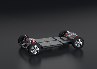 Cutaway view of SUV chassis equiped with electric vehicle battery pack on black background. 3D rendering image.