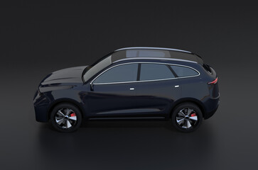 Side view of black electric SUV on black background. 3D rendering image.