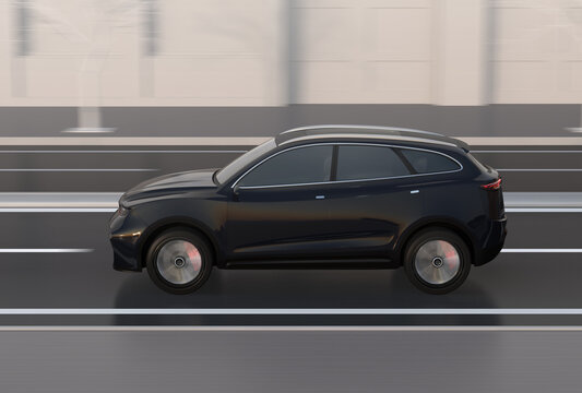 Side view of black electric SUV driving on the street. 3D rendering image.
