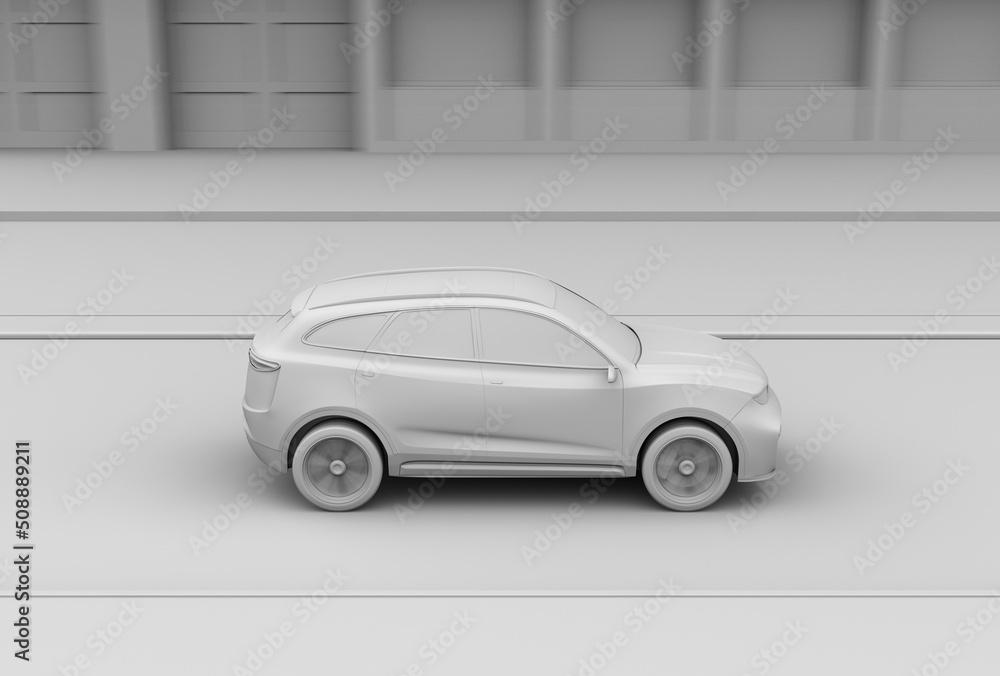 Poster clay rendering of electric suv driving on the street. 3d rendering image.