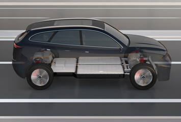 Side view of generic design black electric SUV composited with battery pack chassis driving on the street. 3D rendering image. - obrazy, fototapety, plakaty