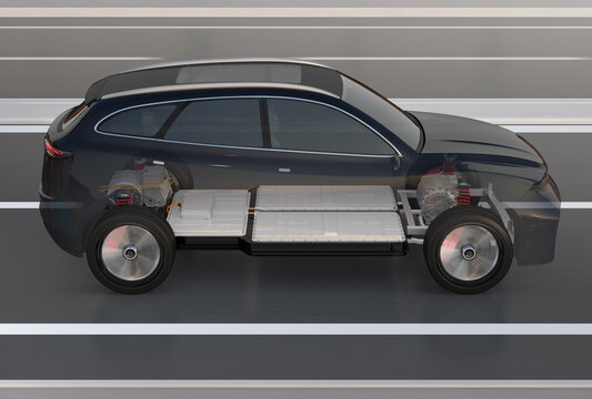 Side view of generic design black electric SUV composited with battery pack chassis driving on the street. 3D rendering image.