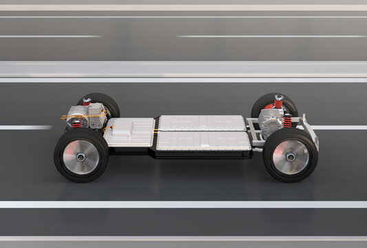 Electric vehicle chassis equipped with battery pack driving on the road. 3D rendering image.