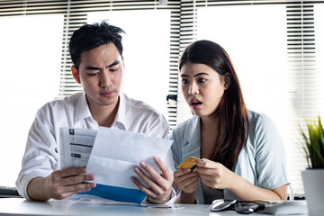 Young couple stressed and overthink by debt.