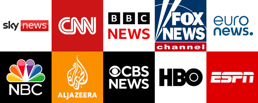 Most popular news networks logos: Sky news, CNN, BBC news, Fox news, Euro news, NBC, Aljazeera, CBS news, HBO, ESPN, vector editorial illustration