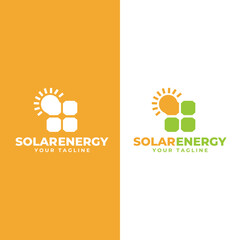 Sun solar energy logo design template. Solar panel and sun sign. Alternative natural power business emblem.