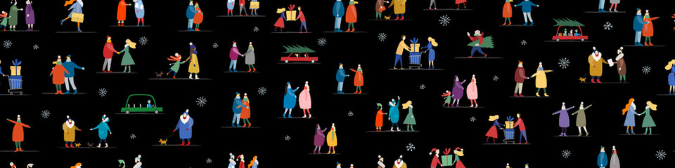 Winter season lifestyle. People walking. City style. Set for your design