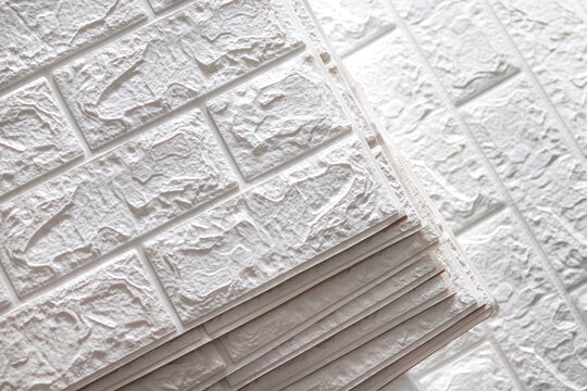 Abstract geometric white texture brick on the wall, white brick pattern on mapping object 3D, Simple clean white background texture. interior detail wall panel. 