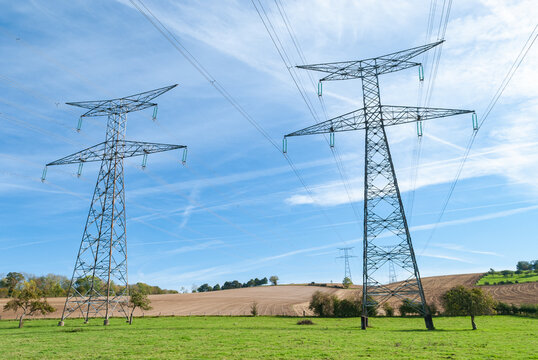 Pylones haute tension RTE traversant une prairie avec des vaches