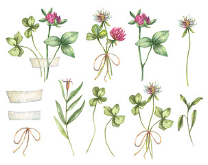 A large watercolor set of wild flowers collected in bouquets. Clover, forget-me-not and other wild flowers isolated on white background. Botanical illustration, floral set.