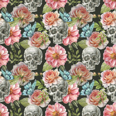 Watercolor seamless pattern with an illustration of a human skull with flowers of roses, peony, eucalyptus and blue butterflies on a black background