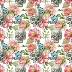 Watercolor seamless pattern with illustration of a human skull with flowers of roses, peony, eucalyptus and blue butterfly