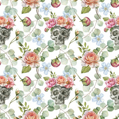 Watercolor seamless pattern with illustration of a human skull with flowers of roses, peony, eucalyptus