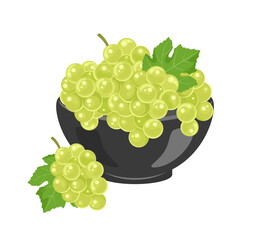 Green grape in black bowl isolated on white. Vector flat icon of fresh ripe berry.