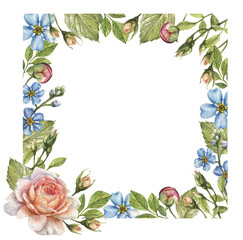 Watercolor floral frame with roses, leaves, blue flowers for wedding invitations, greeting cards and business cards. bright floral frame