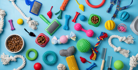 Pet care concept, various pet accessories and tools on blue background, flat lay
