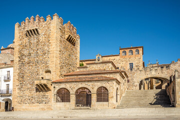 View at the Bujaco tower at Mayor place of Caceres in Spain