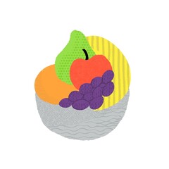 An illustration of a basket of banana, pear, grapes, orange isolated on a white background