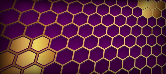 Luxury hexagonal abstract purple metal background with golden light lines. Dark 3d geometric texture illustration. Bright grid pattern. Purple horizontal banner wallpaper. Carbon elegant wedding BG