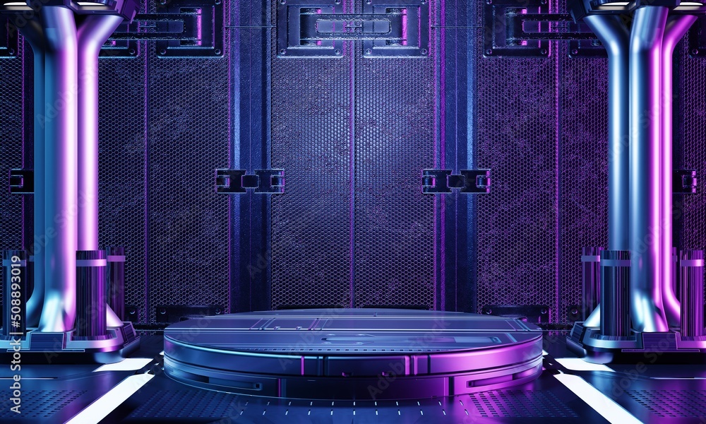 Aufkleber cyberpunk sci-fi product podium interior showcase in spaceship base with blue and pink background. t