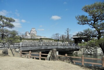 A distant view of the two donjons , large and small, of Himeji-jyo Castle in Himeji City in Hyogo Pref. in Japan 日本の兵庫県姫路市にある姫路城の大天守と乾小天守の遠景