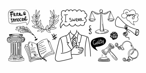 Set with symbols of law and justice, hand-drawn in sketch doodle style. Justice. Court. Oath. Testimony. The scales of justice. Documents. Paragraphs of the law. A collection of cartoon elements.