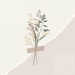 Flowers with scotch tape, Collage bouquet of field herbs with washi tape. Vector illustration