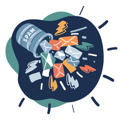 Cartoon vector illustration of Spam. Spamming concept, a lot of emails on the screen of a smart phone. Email box hacking, spam warning.