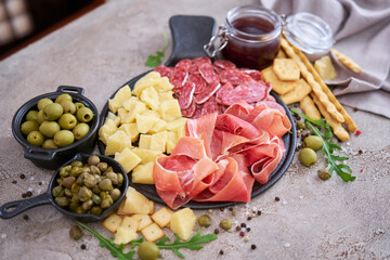 Italian antipasto meat platter - prosciutto ham, bresaola, salami and parmesan