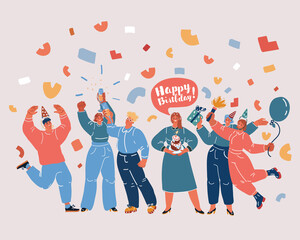  artoon illustration of Set of happy cartoon people having fun at birthday party. Friends characters celebrating holiday. Collection of smiling festive man and woman