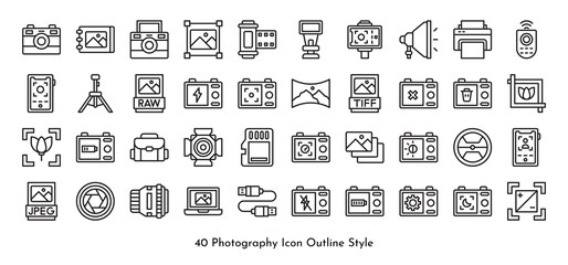 Photography Elements Icon Set Pack Vector Outline Style