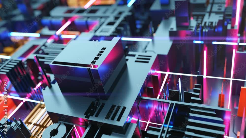 Wall mural connection microchip network futuristic design abstract - digital research technology neon glowing 3