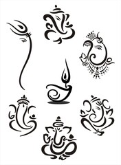 Ganesha, Oil lamp, Aum, Hindu wedding card, Diwali, India	