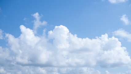 Blue sky white cloud background. sunlight day with sky wallpaper backdrop. mockup nature landscape free space backdrop. card or poster for environment protection.