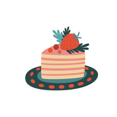 vector Icon fruit biscuit cake with strawberry. Image Happy Birthday cake isolated on white background. Coffee with love, flat vector cartoon illustration, clipart.