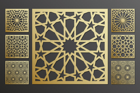 Laser cut square panels set, arabian pattern window grill, vector.