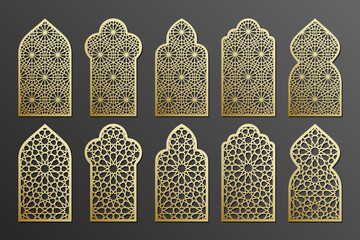 Laser cut arabian grating templates set, window grill with arabesque pattern, vector.