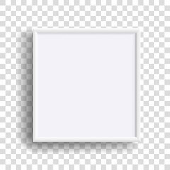 White realistic square blank frame on transparent background. Empty white picture frame mockup template. Vector illustration