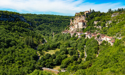 Rocamadour set above the tributary of the River Dordogne, in France.
